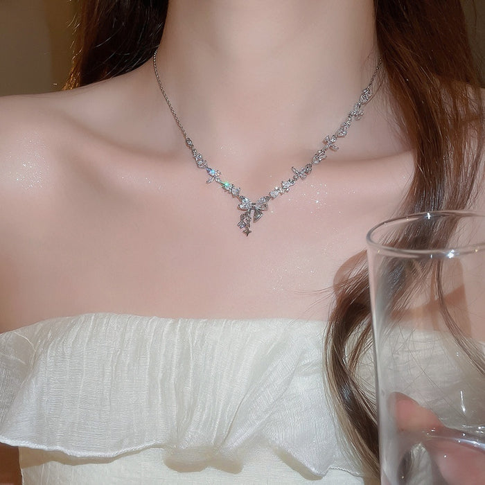 Sparkling Zircon Flower Bow Pendant Necklace For Women Copper Light Luxury Clavicle Jewelry