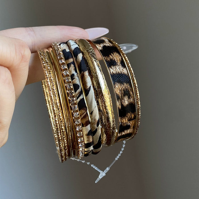 European American Metallic Leather Leopard Print Round Texture Bangle For Women