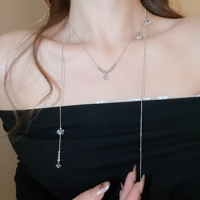 Light Luxury Copper Zircon Round Bead Pendant Layered Sweater Necklace