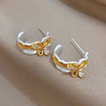 18K Gold Plated Copper C Shape Bow Hoop Earrings With Cubic Zirconia French Elegant Light Luxury For Women view 3