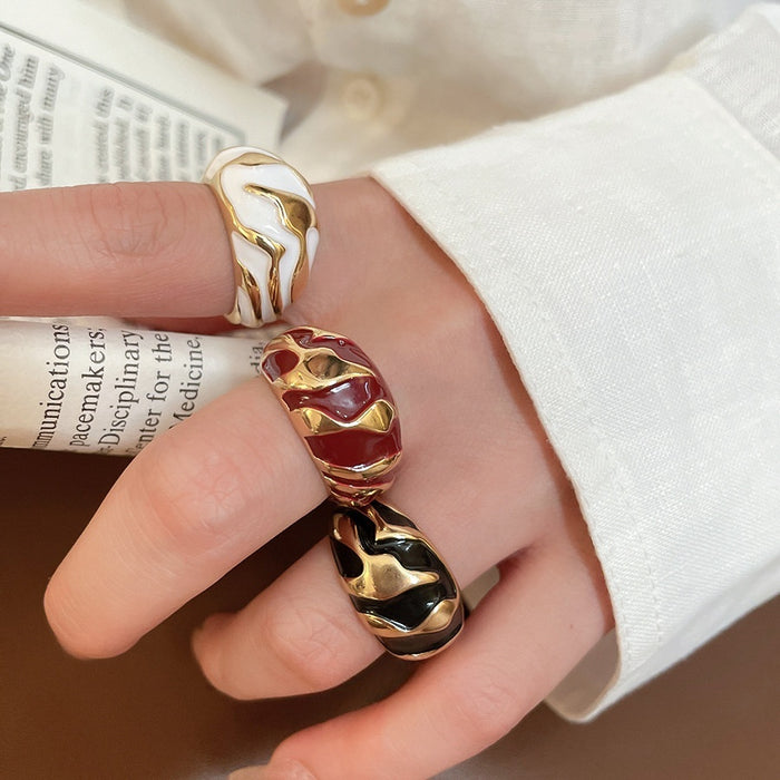 Light Luxury Alloy Open Ring For Women With Enamel Irregular Geometric Round Texture