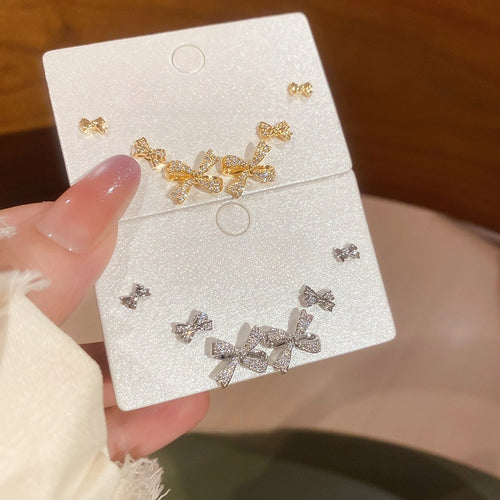 18K Gold Plated Copper Bowknot Zircon Stud Earrings With Silver Pins Light Luxury Women's Jewelry