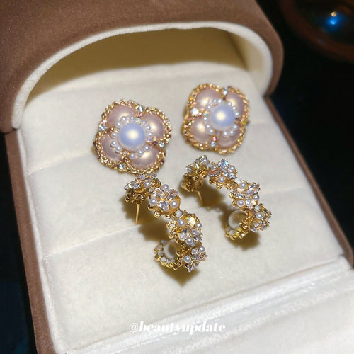 Light Luxury French Court Style C-Shaped Flower Stud Earrings With Zircon And Faux Pearl
