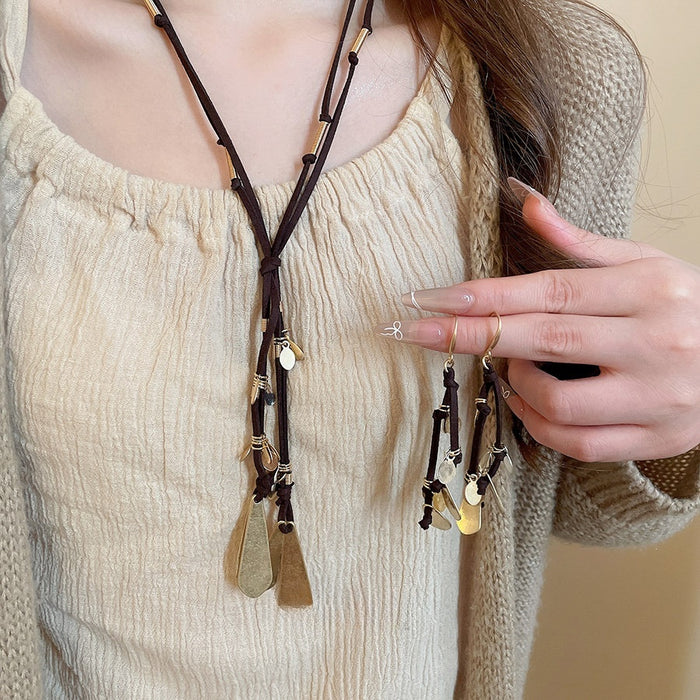 Metal Waterdrop Tassel Pendant Necklace Bracelet Earring Jewelry Set, Trendy Unique Statement Design