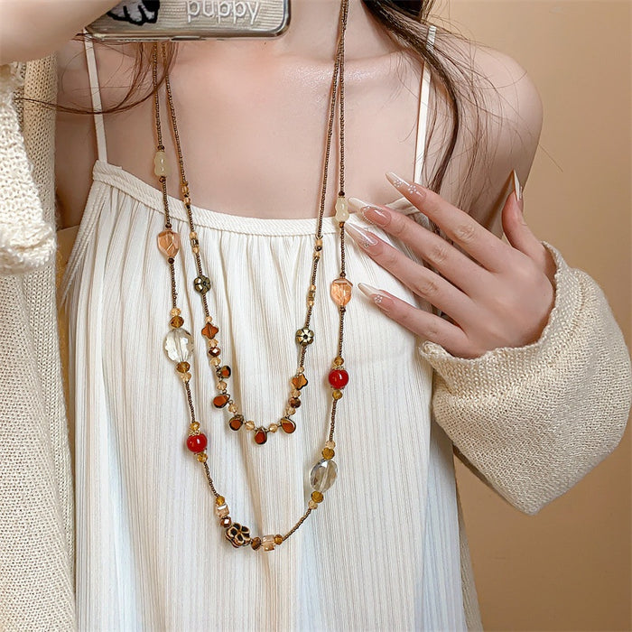 Vintage Court Style Resin Ceramic Teardrop Flower Crystal Pendant Sweater Necklace