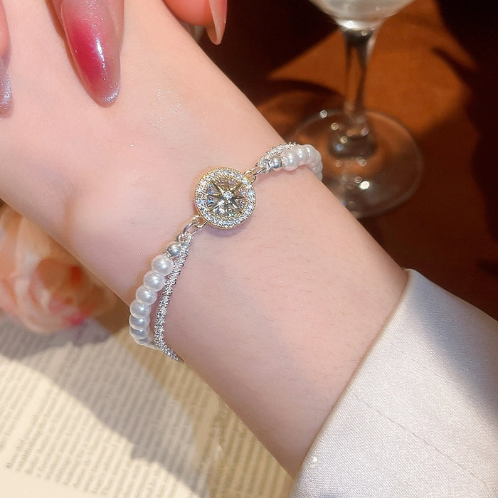 Light Luxury Faux Pearl Beaded Bracelet With Zircon Star Pendant Double Layer Design