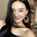 Gold Velvet Woven Hollow Oval Pendant Drop Earrings, Style Geometric Statement Jewelry view 4