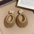 Gold Velvet Woven Hollow Oval Pendant Drop Earrings, Style Geometric Statement Jewelry view 3