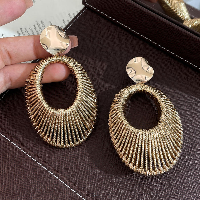 Gold Velvet Woven Hollow Oval Pendant Drop Earrings, Style Geometric Statement Jewelry