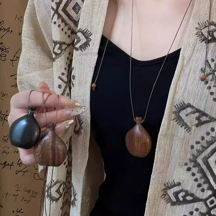 Bohemian Wax Cord Wood Kettle Pendant Sweater Necklace For Women Copper Zircon Geometric Ethnic Style