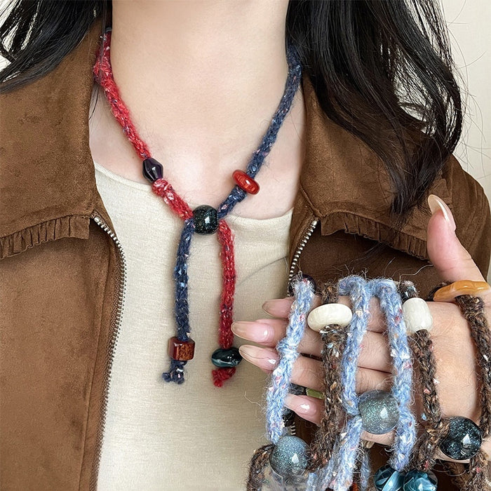 Bohemian Cotton Rope Woven Resin Round Bead Adjustable Sweater Necklace For Women