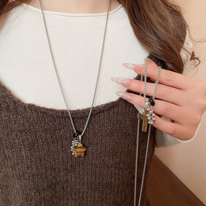 Vintage Stainless Steel Stone Cross Star Beaded Maillard Style Sweater Necklace