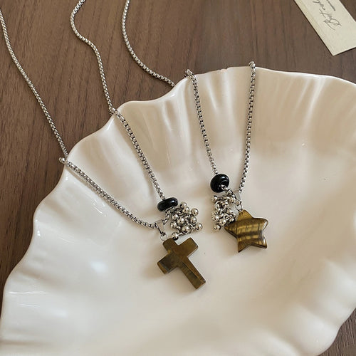 Vintage Stainless Steel Stone Cross Star Beaded Maillard Style Sweater Necklace