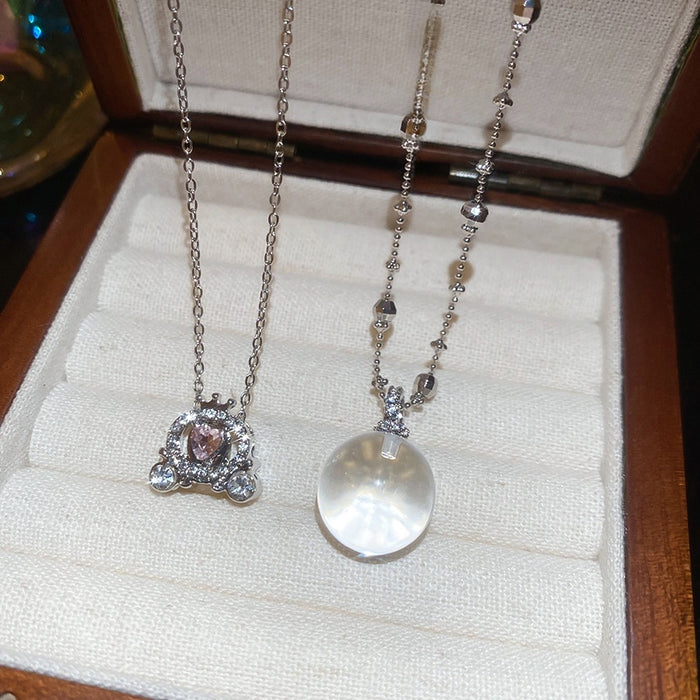 Sparkling Rhinestone Heart Geometric Round Pendant Iron Crystal Necklace Light Luxury Minimalist Style