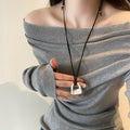 Minimalist Brushed Alloy Hollow Geometric Square Pendant Sweater Necklace With Cool Metal Style view 3