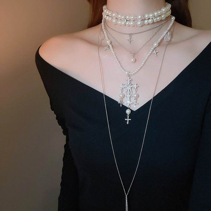 Light Luxury Faux Pearl Crystal Cross Pendant Necklace Elegant Rhinestone Geometric Sweater Chain