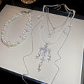 Light Luxury Faux Pearl Crystal Cross Pendant Necklace Elegant Rhinestone Geometric Sweater Chain view 2