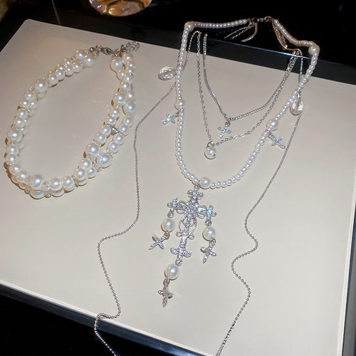 Light Luxury Faux Pearl Crystal Cross Pendant Necklace Elegant Rhinestone Geometric Sweater Chain