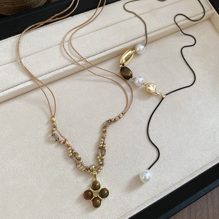 Vintage Maillard Style Tiger Eye And Faux Pearl Flower Pendant Necklace For Women