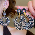 Retro Maillard Style Leopard Print Acrylic Resin Round Pendant Drop Earrings With Silver Pins view 1