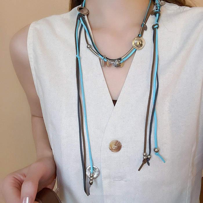 Vintage Bohemian Braided Suede Metal Sweater Necklace Multi Wear Ethnic Waist Chain