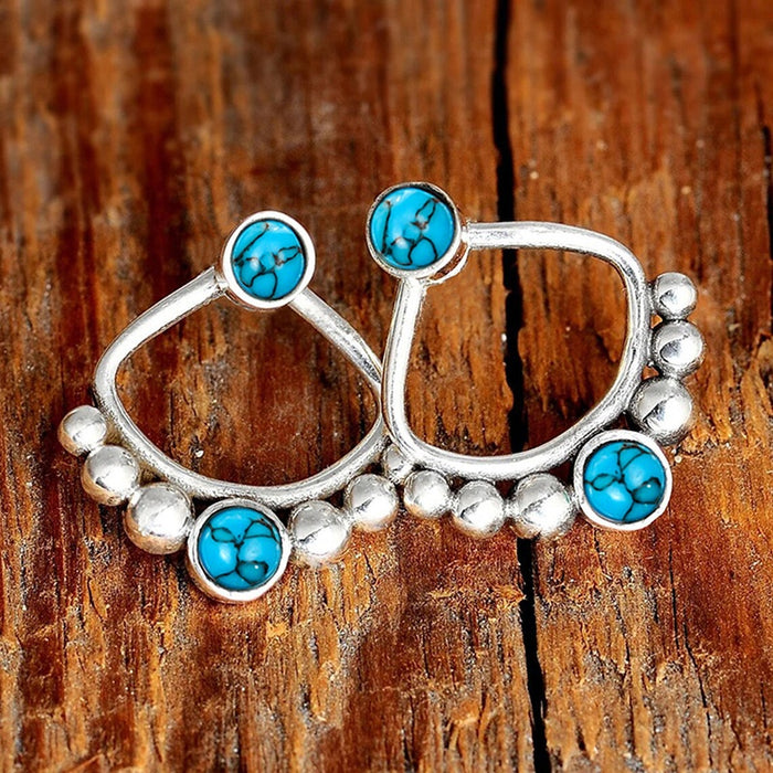Vintage European American Triangle Geometric Steel Ball Stud Earrings With Imitation Turquoise