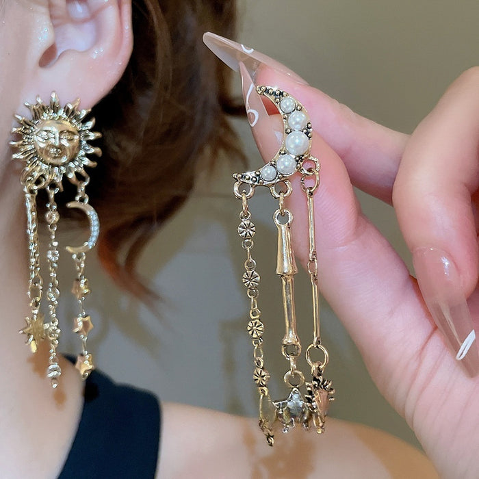 European Style Faux Pearl Moon Star Tassel Portrait Drop Earrings For Women