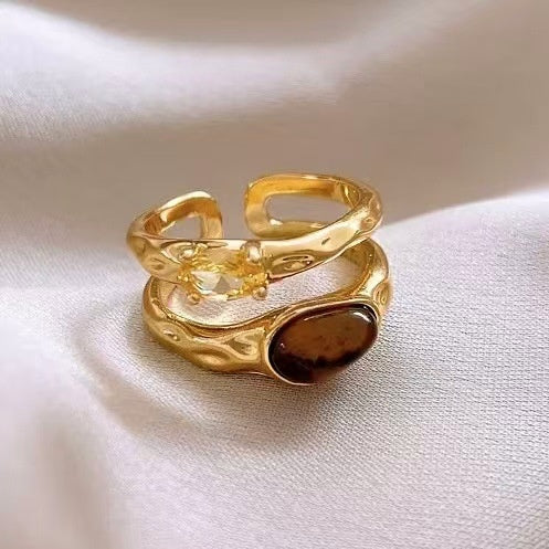 18K Gold Plated Tiger Eye Zircon Double Layer Open Ring Vintage Maillard Oval Geometric Jewelry
