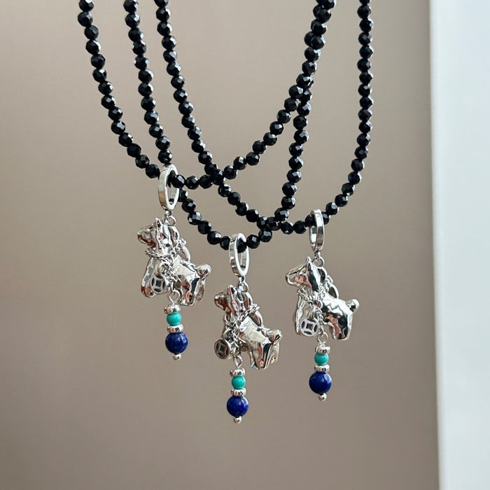 Artificial Crystal Beaded Horse Pendant Necklace Adjustable Minimalist Clavicle Sweater Chain For Women