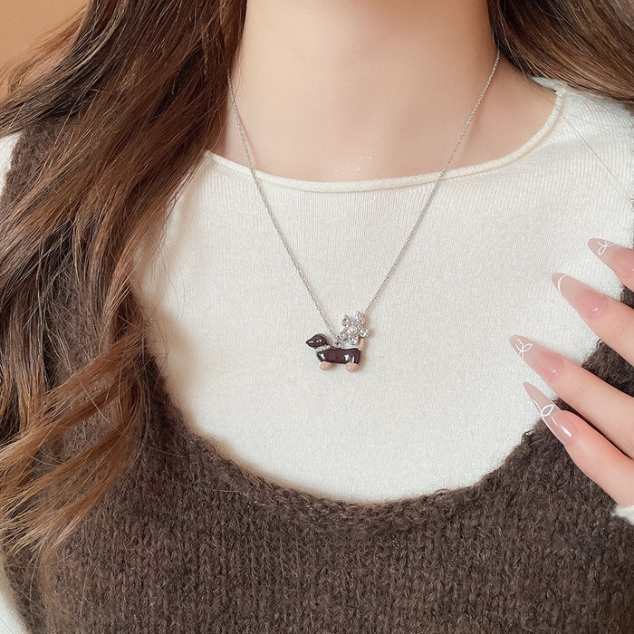 Iron Enamel Dachshund Dog Flower Pendant Necklace Cute Vacation Style Collarbone Jewelry For Women
