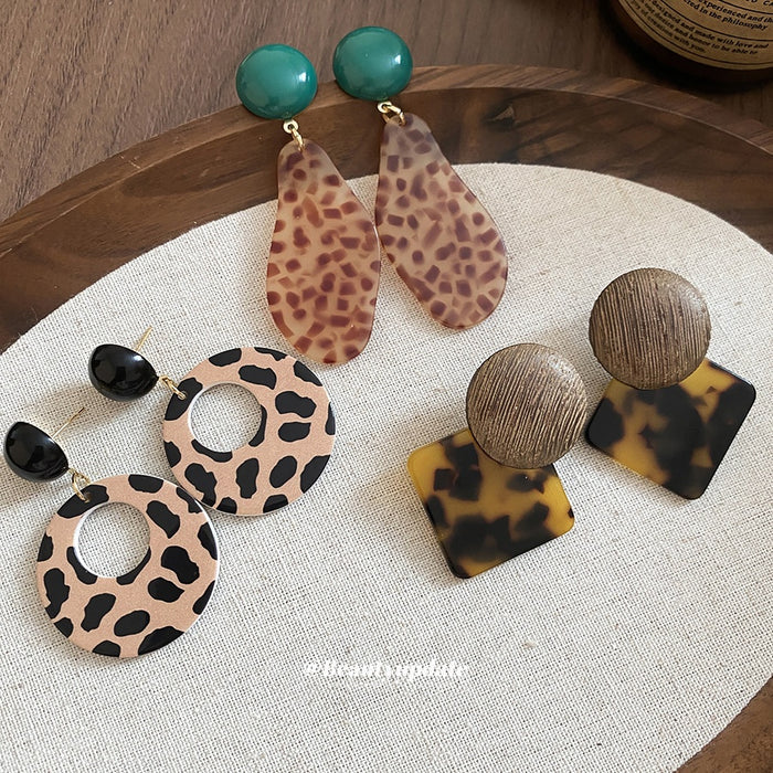 Maillard Style Leopard Print Acetate Wood Round Geometric Diamond Drop Earrings