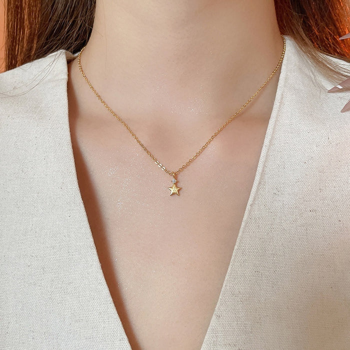 Light Luxury Copper Zircon Star Pendant Necklace, Minimalist Fashion Clavicle Chain