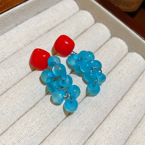 Geometric Square Resin Grape Tassel Drop Earrings With Silver Pins, Sweet Hong Kong Style