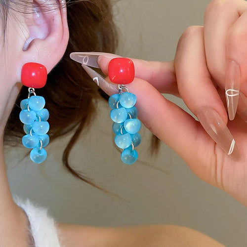 Geometric Square Resin Grape Tassel Drop Earrings With Silver Pins, Sweet Hong Kong Style