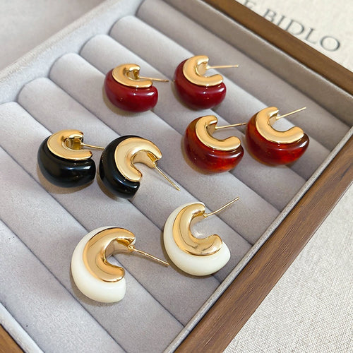 18K Gold Plated Resin C-Shaped Stud Earrings With Silver Pins, Retro Hong Kong Style