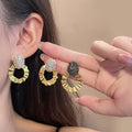 Vintage Luxury Rhinestone Oval Studs With Gold Alloy Pleated Round Hoop Statement Dangle Earrings view 1