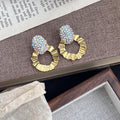 Vintage Luxury Rhinestone Oval Studs With Gold Alloy Pleated Round Hoop Statement Dangle Earrings view 3
