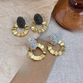 Vintage Luxury Rhinestone Oval Studs With Gold Alloy Pleated Round Hoop Statement Dangle Earrings view 2