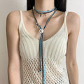 Handwoven Rococo Boho Suede Cord Sweater Necklace With Geometric Peace Buckle Waist Chain Style view 5