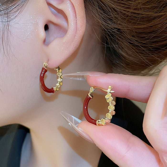Red Enamel Alloy Irregular Geometric Round Pendant Drop Earrings Vintage Hong Kong Style