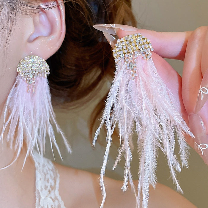 Light Luxury Feather Tassel Drop Earrings With Sparkling Rhinestones And Silver Needle Posts