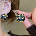Vintage Leopard Print Enamel Square Alloy Stud Earrings For Women, Maillard Style Geometric Design view 3