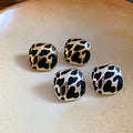 Vintage Leopard Print Enamel Square Alloy Stud Earrings For Women, Maillard Style Geometric Design view 2
