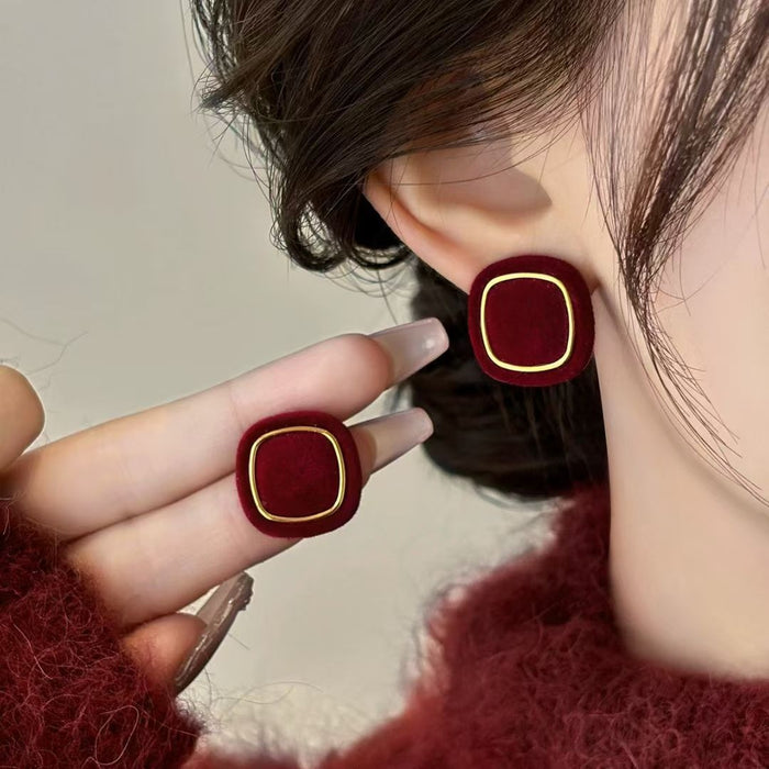 Vintage Hong Kong Style Flocked Geometric Square Alloy Stud Earrings For Women