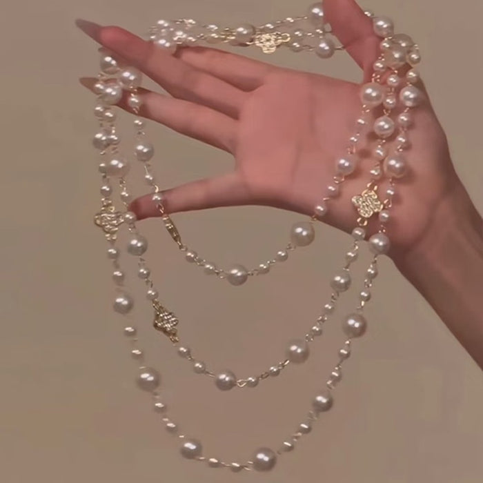 French Elegant Baroque Rhinestone Flower Multilayer Faux Pearl Sweater Necklace For Women
