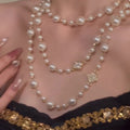 French Elegant Baroque Rhinestone Flower Multilayer Faux Pearl Sweater Necklace For Women view 3