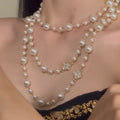 French Elegant Baroque Rhinestone Flower Multilayer Faux Pearl Sweater Necklace For Women view 2