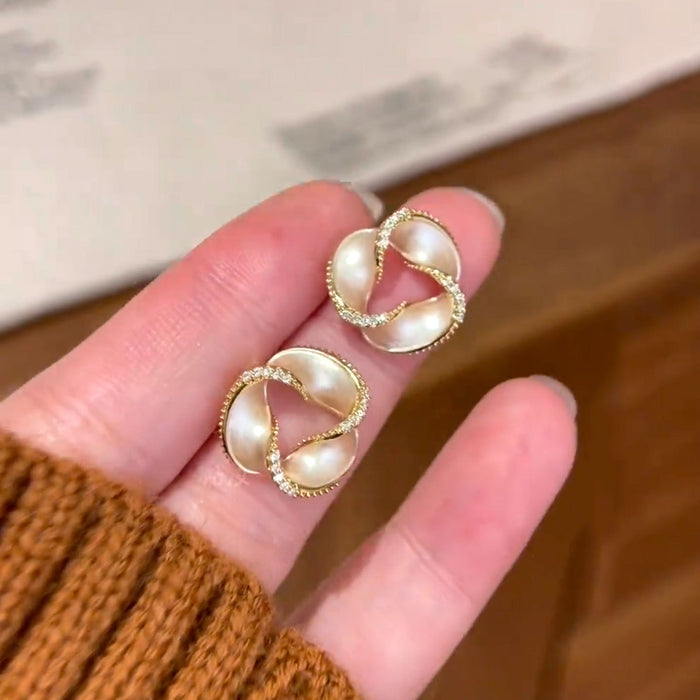 14K Gold Plated Copper Spiral Flower Stud Earrings With Rhinestone Inlay And Silver Posts