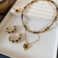 Vintage Tiger Eye Stone Round C Hoop Earrings Necklace Ring Jewelry Set For Women view 1