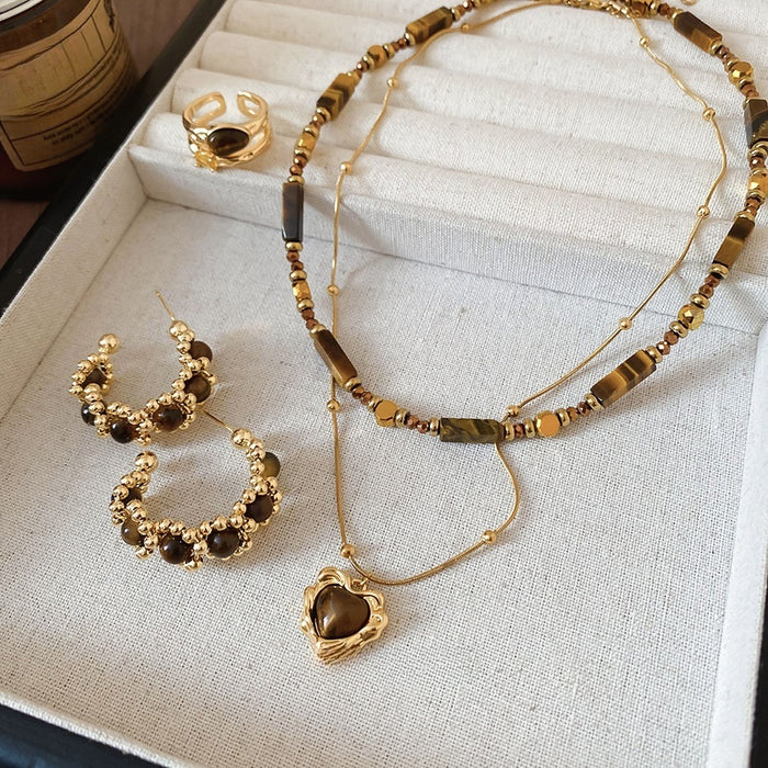 Vintage Tiger Eye Stone Round C Hoop Earrings Necklace Ring Jewelry Set For Women